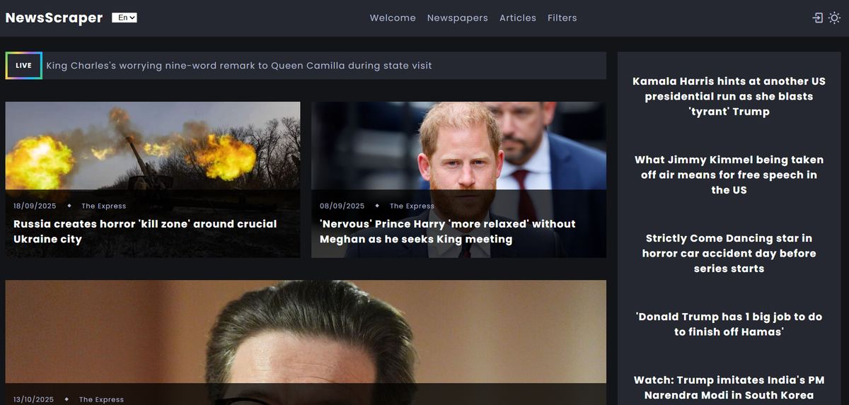 Home page of the Newsscraper web application